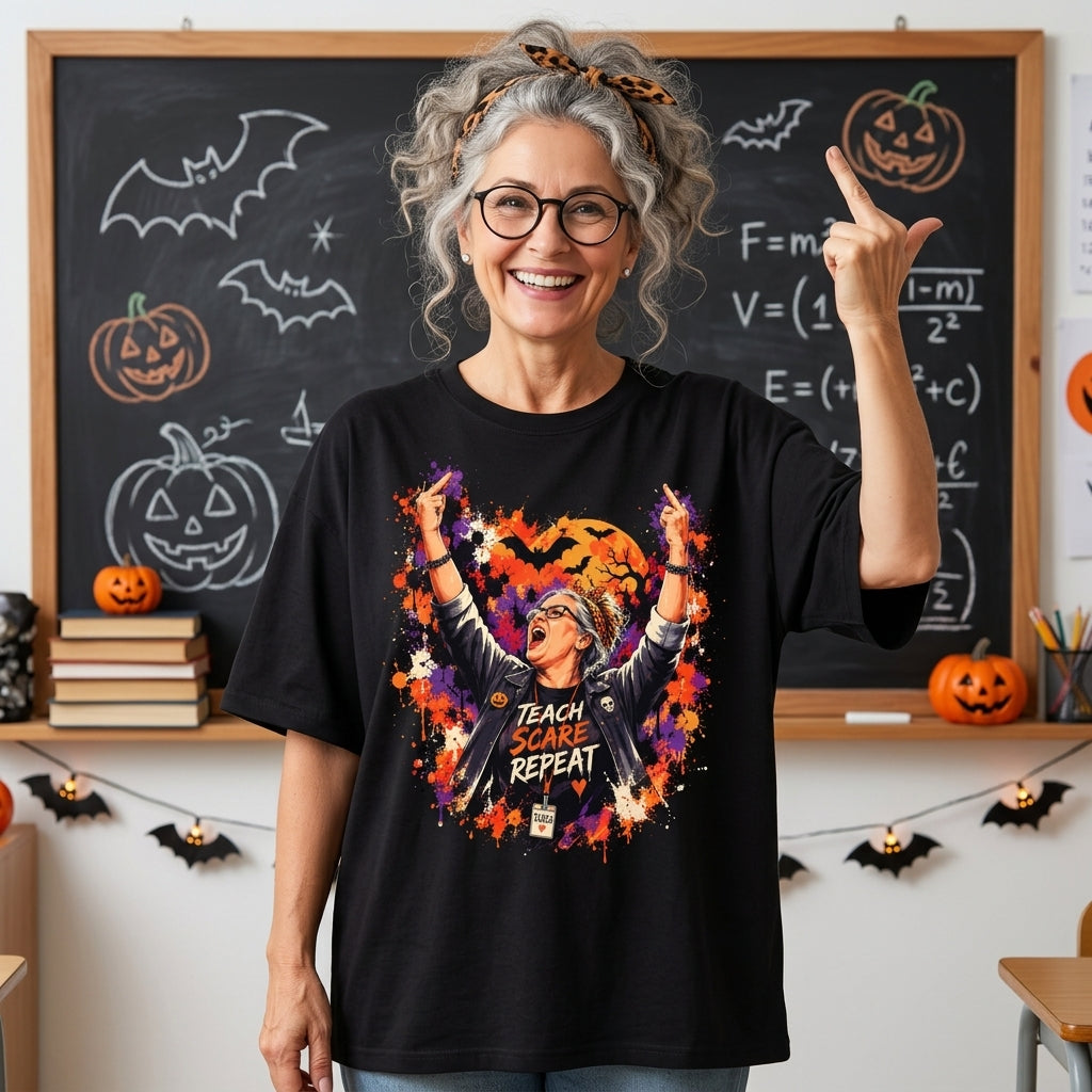 Teach Scare Repeat Halloween Teacher T-shirt Sweatshirt Hoodie - Edgy Rocker Educator Gift - mockup 3