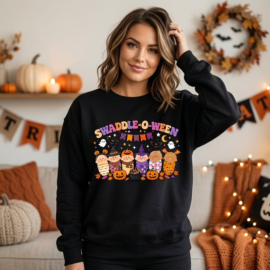 Swaddle-O-Ween Cute Halloween Babies T-shirt Sweatshirt Hoodie – Spooky Season Gift - mockup 1