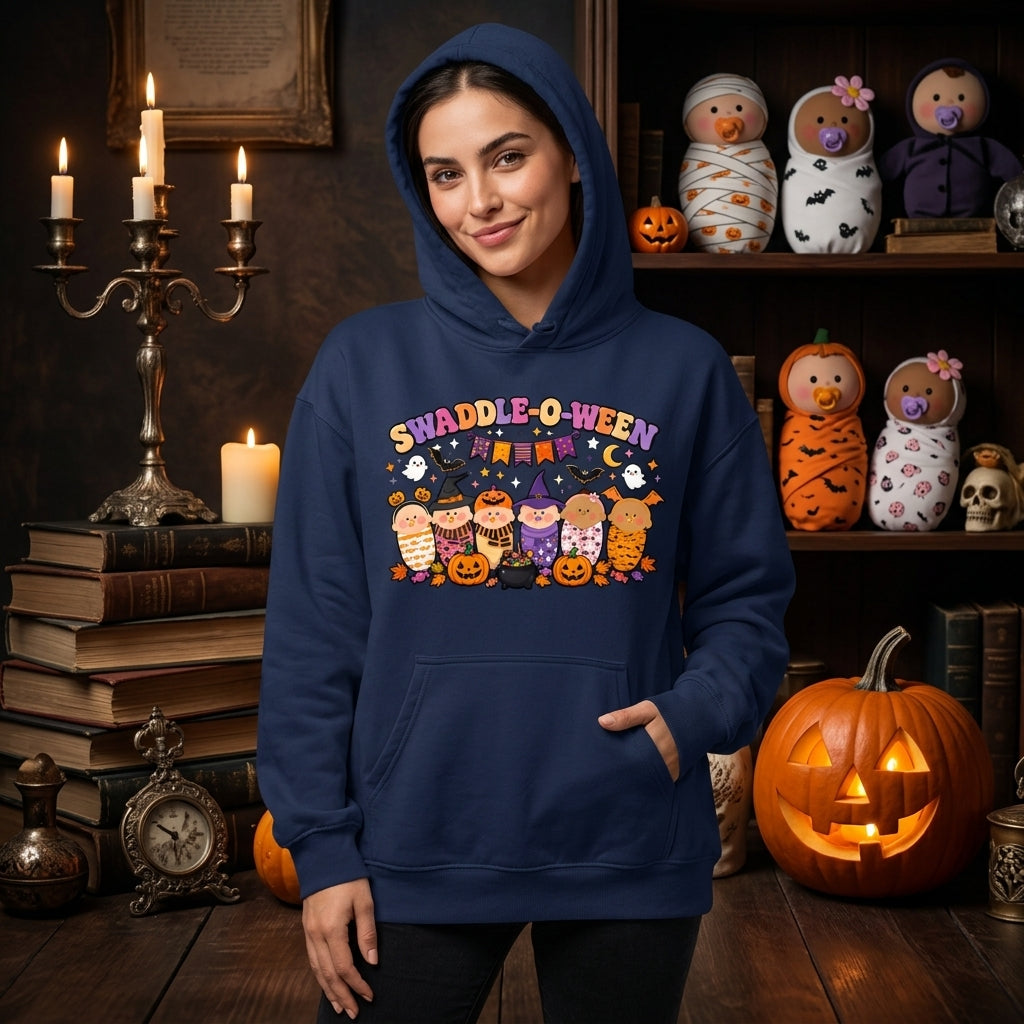 Swaddle-O-Ween Cute Halloween Babies T-shirt Sweatshirt Hoodie – Spooky Season Gift - mockup 2