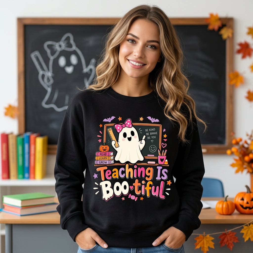 Teaching Is Boo-tiful Ghost Teacher T-shirt Sweatshirt Hoodie - Cute Halloween Gift for Educators - mockup 1