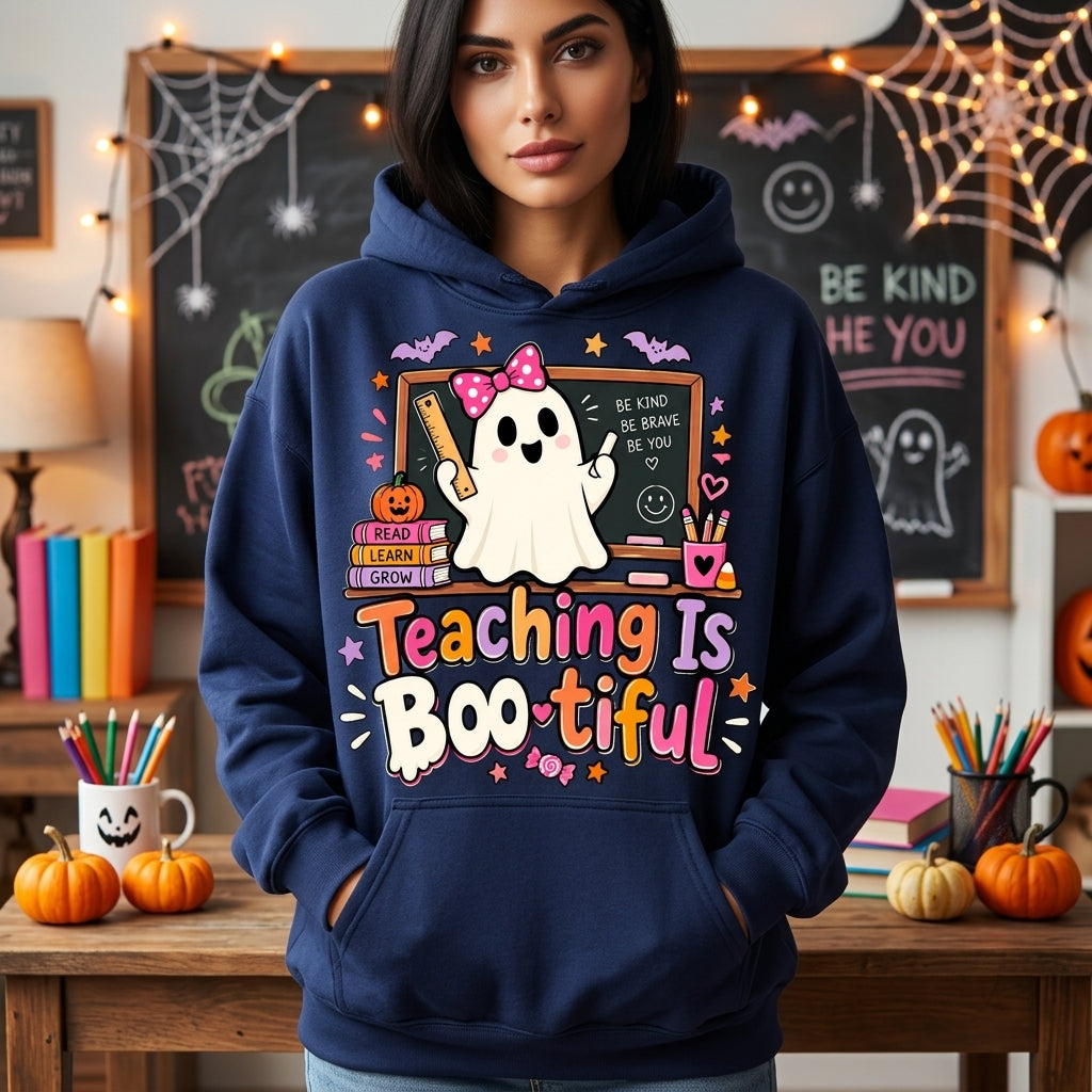 Teaching Is Boo-tiful Ghost Teacher T-shirt Sweatshirt Hoodie - Cute Halloween Gift for Educators - mockup 2