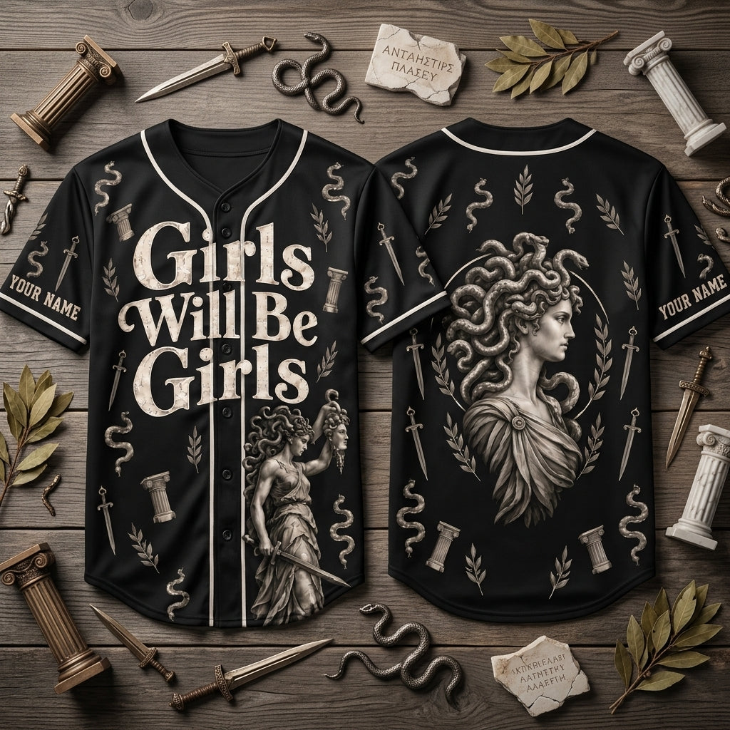 Personalized Vintage Medusa Girls Will Be Girls Baseball Jersey – Greek Myth Feminist Apparel - mockup 1