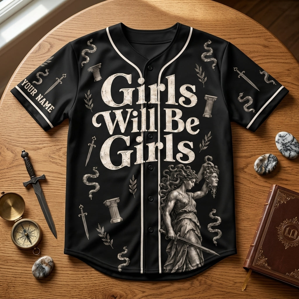 Personalized Vintage Medusa Girls Will Be Girls Baseball Jersey – Greek Myth Feminist Apparel - mockup 3