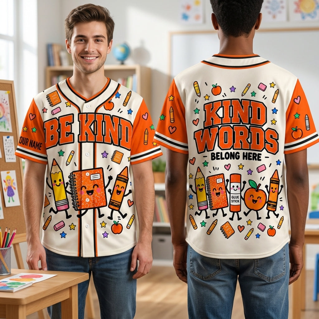 Personalized Be Kind Unity Day Orange Teacher Baseball Jersey – Anti-Bullying Gift - mockup 2