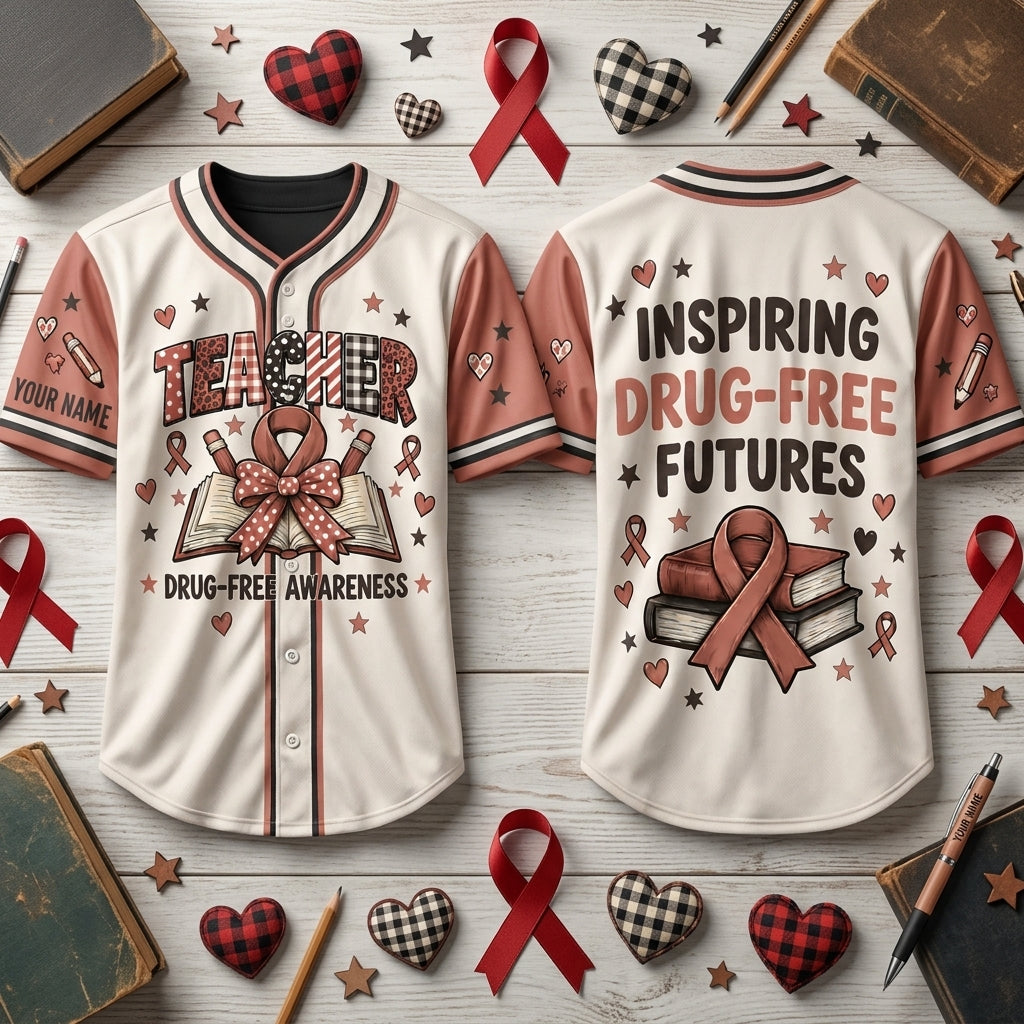 Personalized Teacher Red Ribbon Week Drug Free Awareness Baseball Jersey - Inspiring Futures - mockup 1