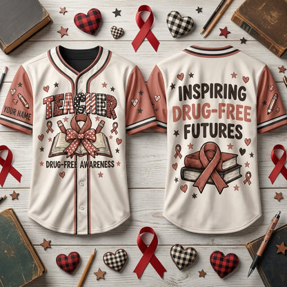 Personalized Teacher Red Ribbon Week Drug Free Awareness Baseball Jersey - Inspiring Futures - mockup 1