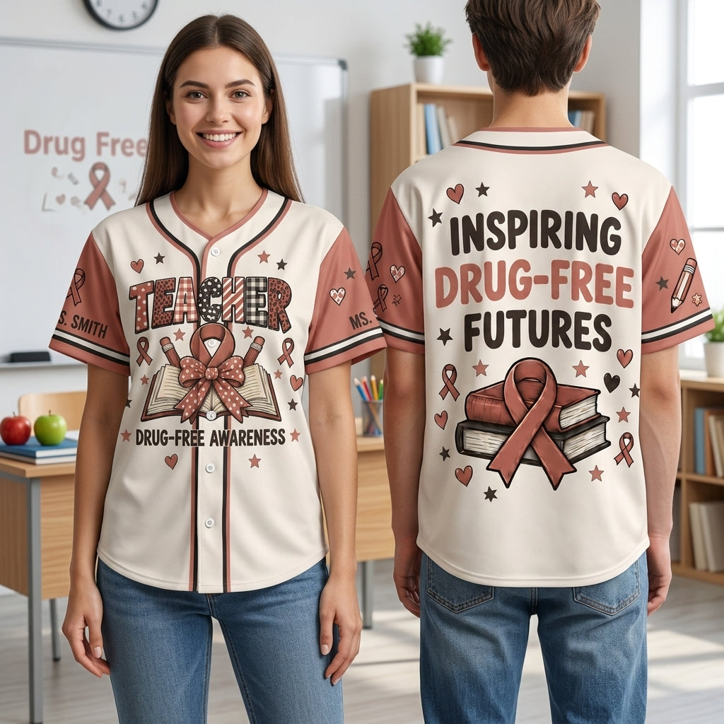 Personalized Teacher Red Ribbon Week Drug Free Awareness Baseball Jersey - Inspiring Futures - mockup 2