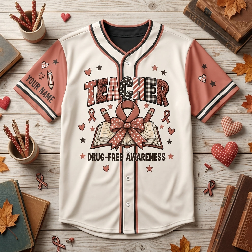 Personalized Teacher Red Ribbon Week Drug Free Awareness Baseball Jersey - Inspiring Futures - mockup 3