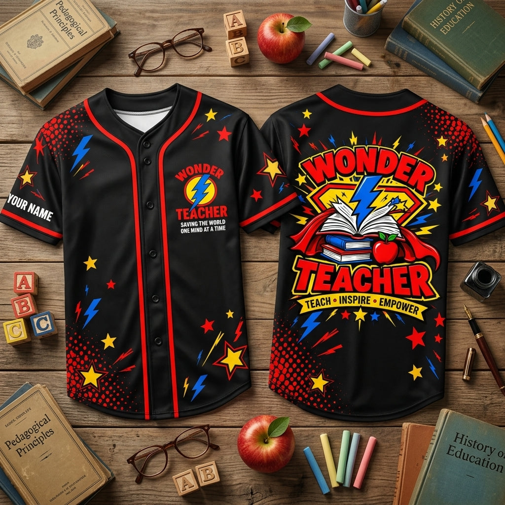 Custom Wonder Teacher Saving The World Superhero Baseball Jersey – Personalized Educator Gift - mockup 1