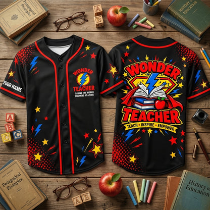 Custom Wonder Teacher Saving The World Superhero Baseball Jersey – Personalized Educator Gift - mockup 1
