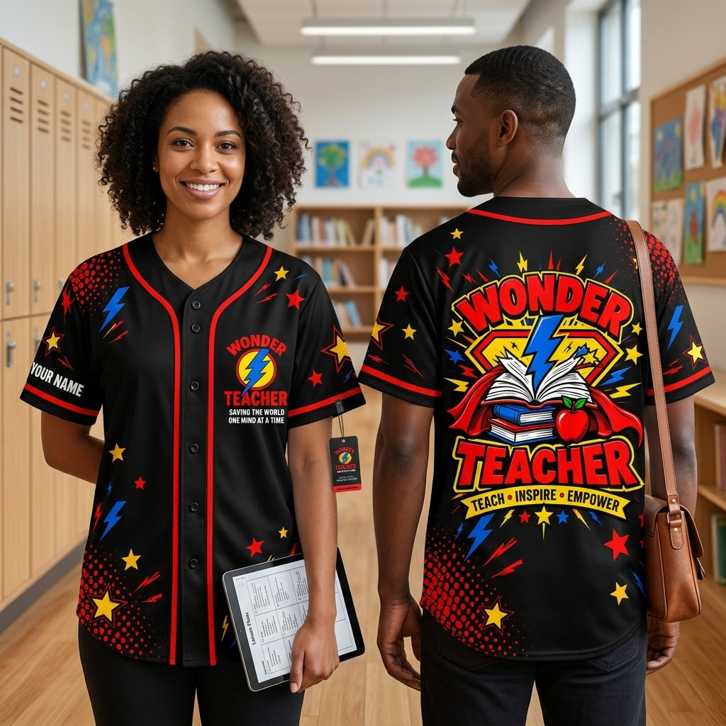 Custom Wonder Teacher Saving The World Superhero Baseball Jersey – Personalized Educator Gift - mockup 2