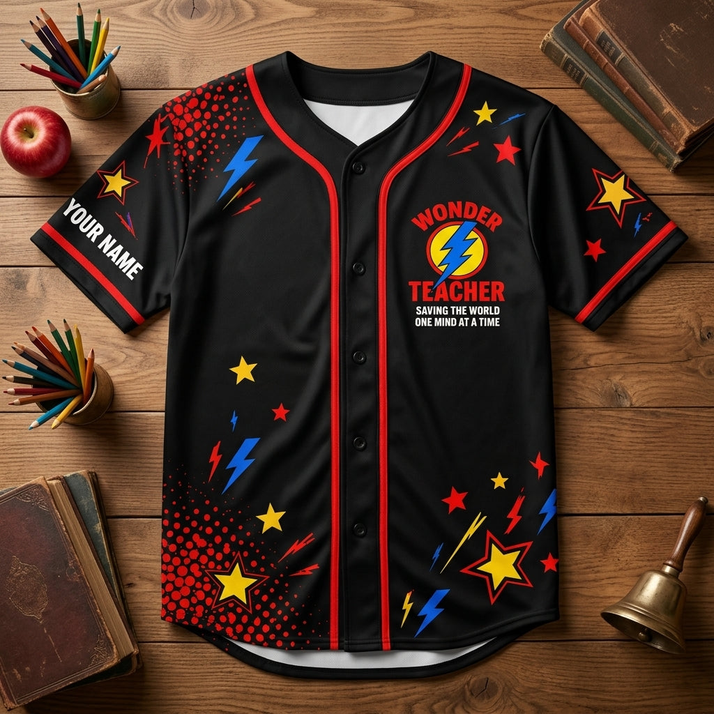 Custom Wonder Teacher Saving The World Superhero Baseball Jersey – Personalized Educator Gift - mockup 3