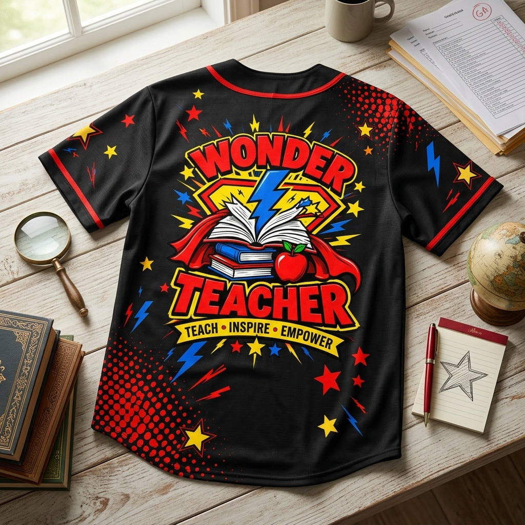 Custom Wonder Teacher Saving The World Superhero Baseball Jersey – Personalized Educator Gift - mockup 4