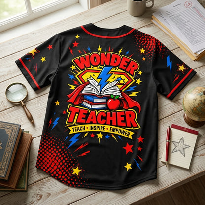 Custom Wonder Teacher Saving The World Superhero Baseball Jersey – Personalized Educator Gift - mockup 4