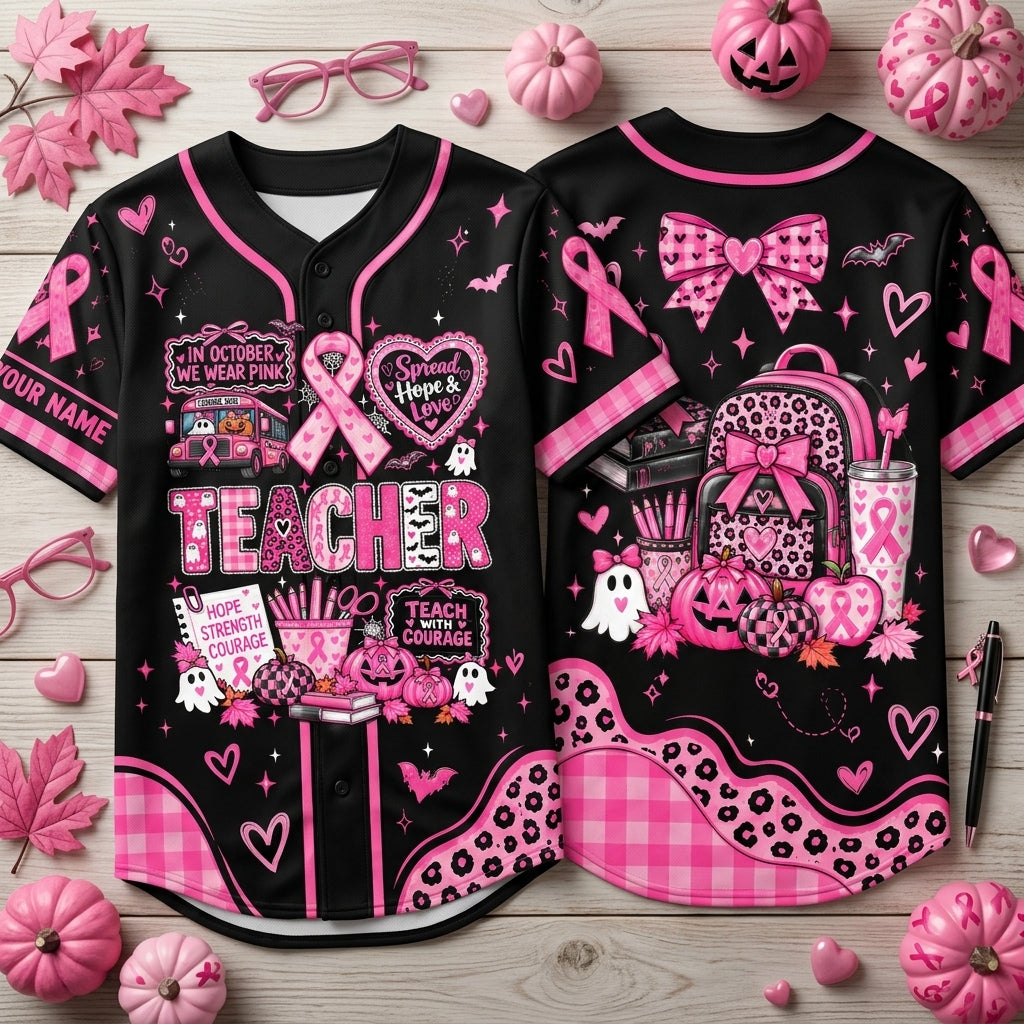 Custom Teacher Breast Cancer Support Pink Ribbon Baseball Jersey – October Awareness - mockup 1