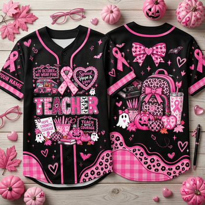 Custom Teacher Breast Cancer Support Pink Ribbon Baseball Jersey – October Awareness - mockup 1