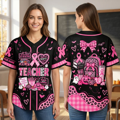Custom Teacher Breast Cancer Support Pink Ribbon Baseball Jersey – October Awareness - mockup 2
