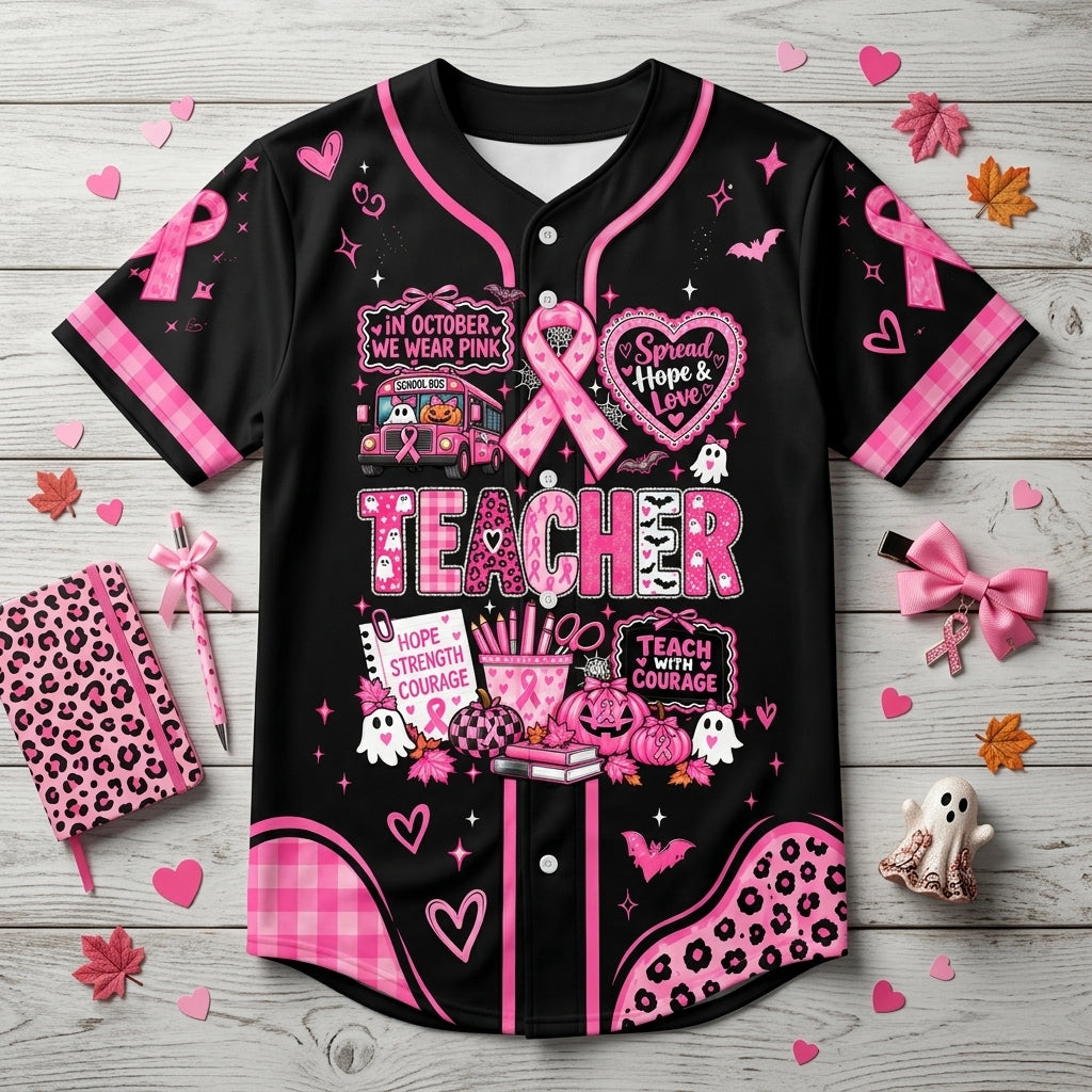Custom Teacher Breast Cancer Support Pink Ribbon Baseball Jersey – October Awareness - mockup 3