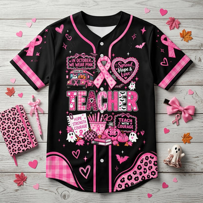 Custom Teacher Breast Cancer Support Pink Ribbon Baseball Jersey – October Awareness - mockup 3