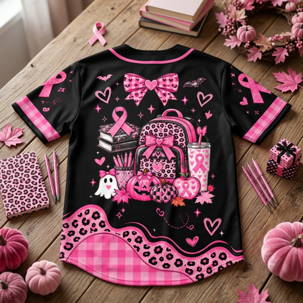 Custom Teacher Breast Cancer Support Pink Ribbon Baseball Jersey – October Awareness - mockup 4
