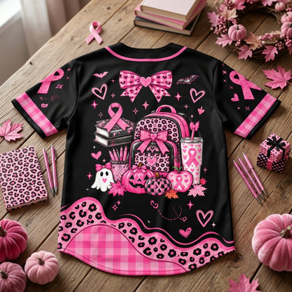 Custom Teacher Breast Cancer Support Pink Ribbon Baseball Jersey – October Awareness - mockup 4