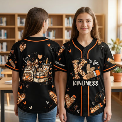 Custom K is for Kindness Orange Anti Bullying Unity Day Baseball Jersey for Teachers & Kids - mockup 2