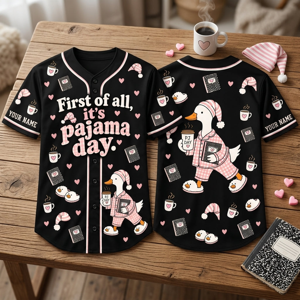 Personalized First of All It's Pajama Day Cute Goose Baseball Jersey for Teachers - mockup 1