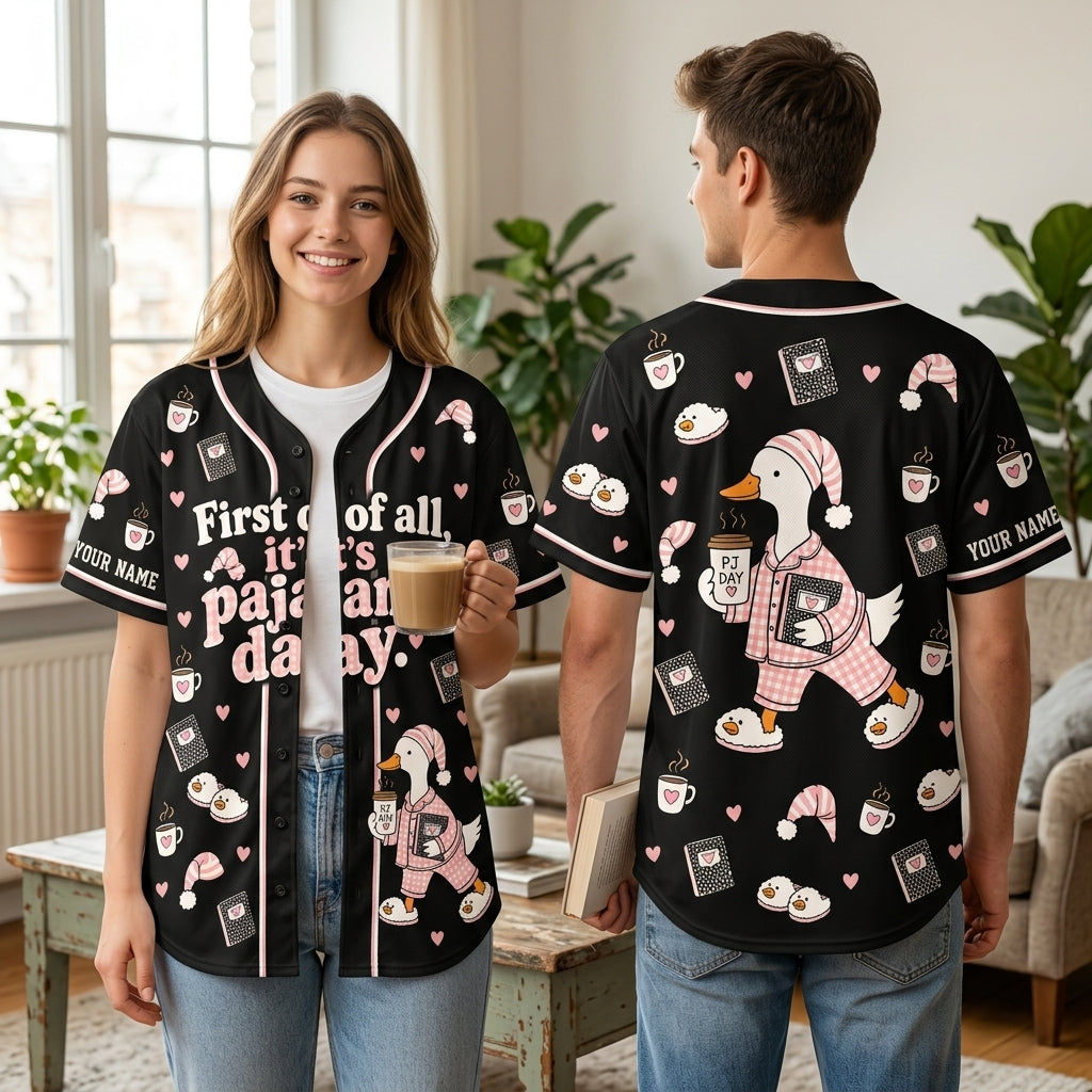 Personalized First of All It's Pajama Day Cute Goose Baseball Jersey for Teachers - mockup 2