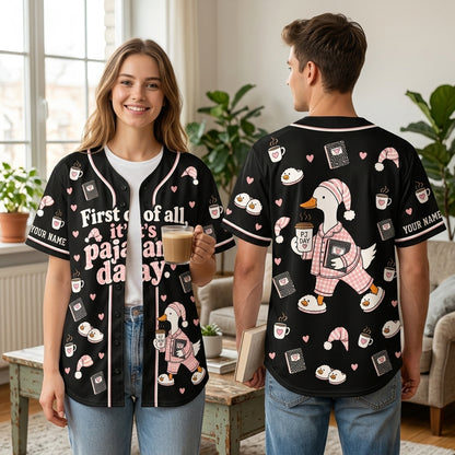 Personalized First of All It's Pajama Day Cute Goose Baseball Jersey for Teachers - mockup 2
