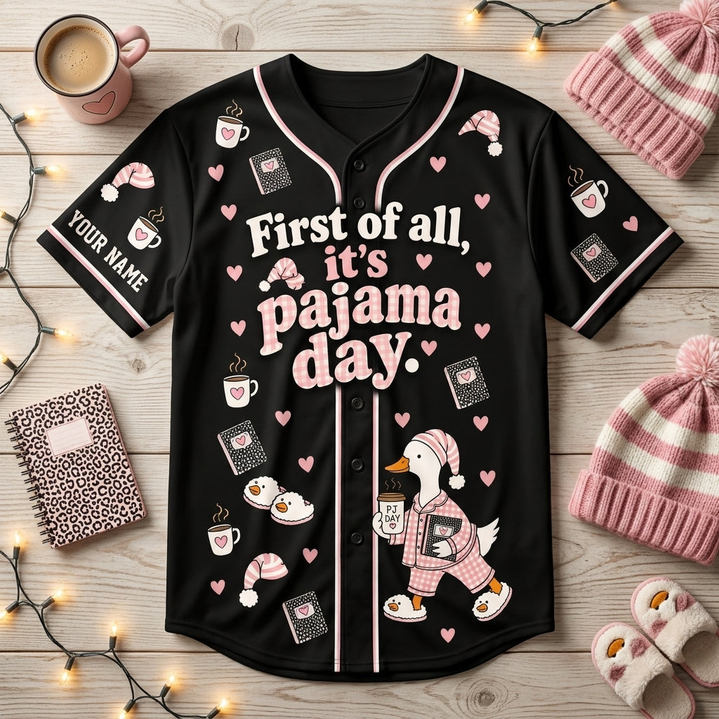 Personalized First of All It's Pajama Day Cute Goose Baseball Jersey for Teachers - mockup 3