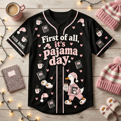 Personalized First of All It's Pajama Day Cute Goose Baseball Jersey for Teachers - mockup 3