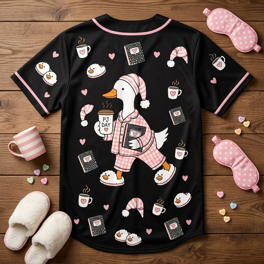 Personalized First of All It's Pajama Day Cute Goose Baseball Jersey for Teachers - mockup 4