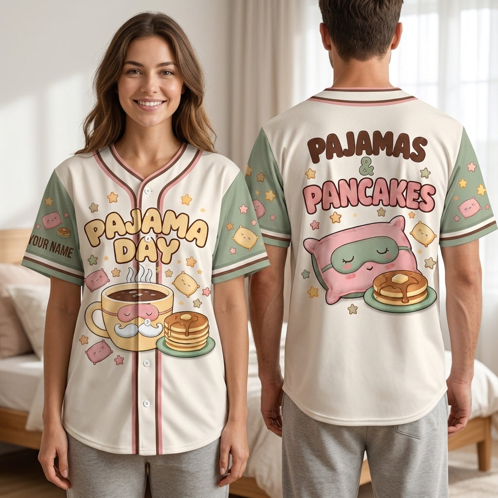 Personalized Pajamas & Pancakes Pajama Day Baseball Jersey – Funny Teacher Sleepover Gift - mockup 1