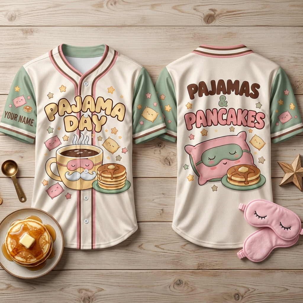 Personalized Pajamas & Pancakes Pajama Day Baseball Jersey – Funny Teacher Sleepover Gift - mockup 2