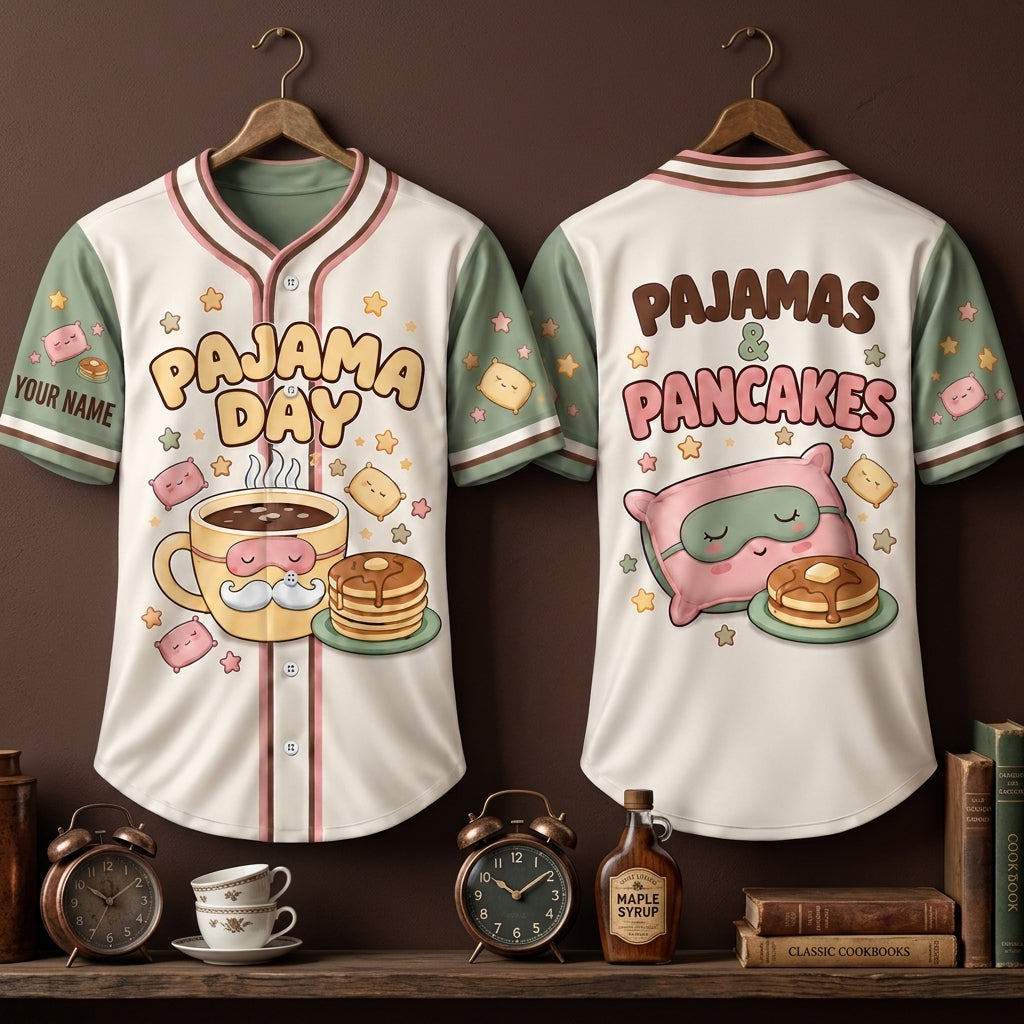Personalized Pajamas & Pancakes Pajama Day Baseball Jersey – Funny Teacher Sleepover Gift - mockup 3
