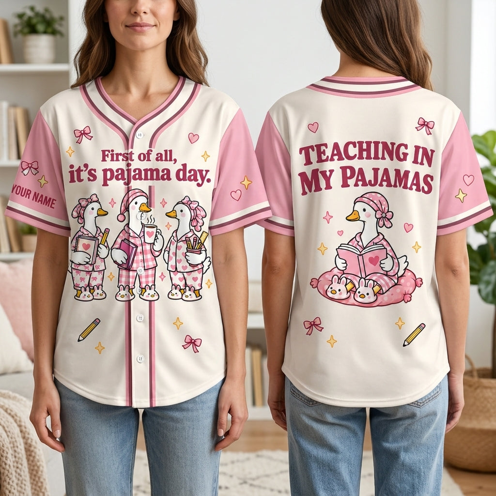 Personalized First of All It's Pajama Day Cute Goose Baseball Jersey – Elementary Teacher Gift - mockup 1