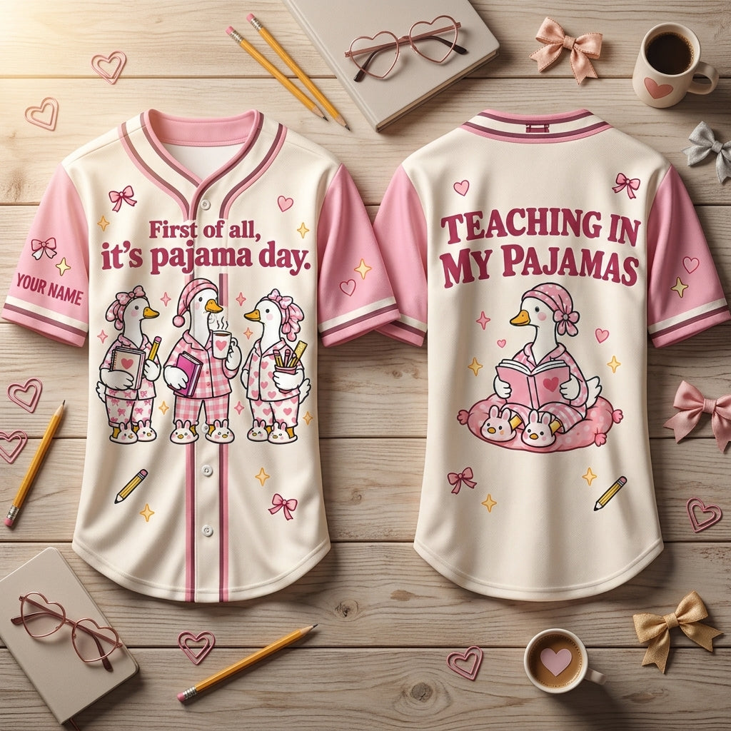 Personalized First of All It's Pajama Day Cute Goose Baseball Jersey – Elementary Teacher Gift - mockup 2