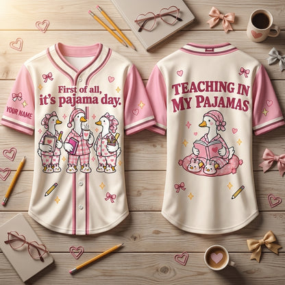 Personalized First of All It's Pajama Day Cute Goose Baseball Jersey – Elementary Teacher Gift - mockup 2