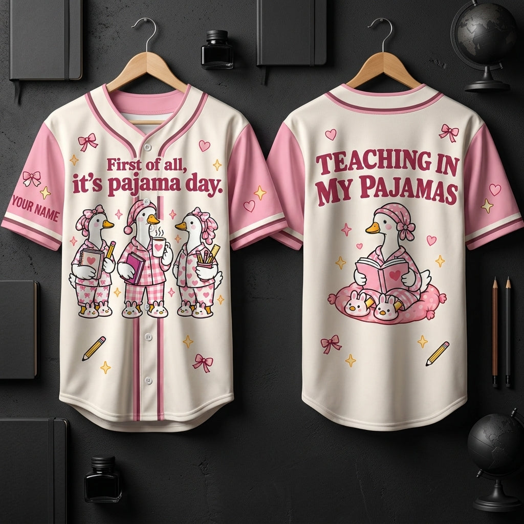 Personalized First of All It's Pajama Day Cute Goose Baseball Jersey – Elementary Teacher Gift - mockup 3