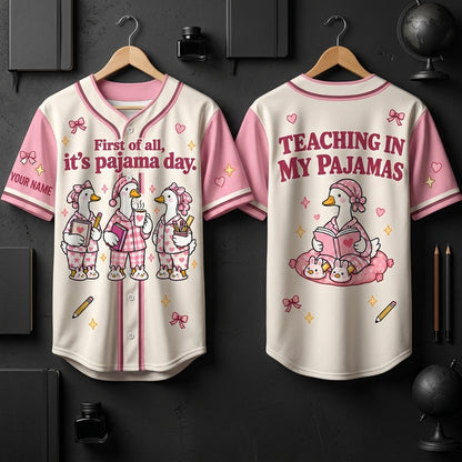 Personalized First of All It's Pajama Day Cute Goose Baseball Jersey – Elementary Teacher Gift - mockup 3
