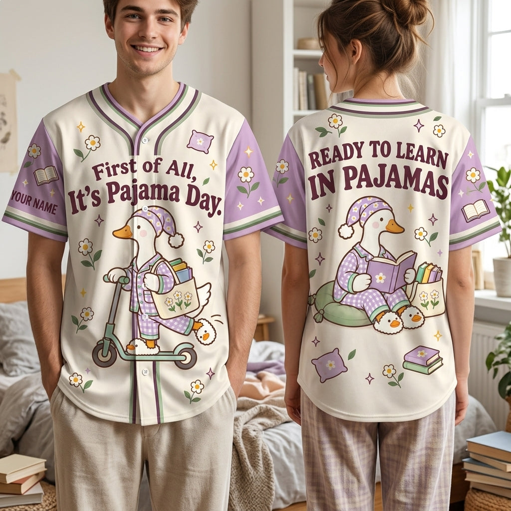 Custom Pajama Day Cute Goose Baseball Jersey - First of All It's Pajama Day Gift for Teachers - mockup 1