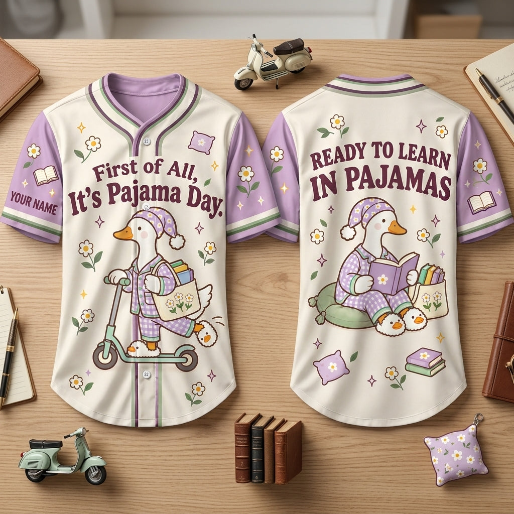 Custom Pajama Day Cute Goose Baseball Jersey - First of All It's Pajama Day Gift for Teachers - mockup 2