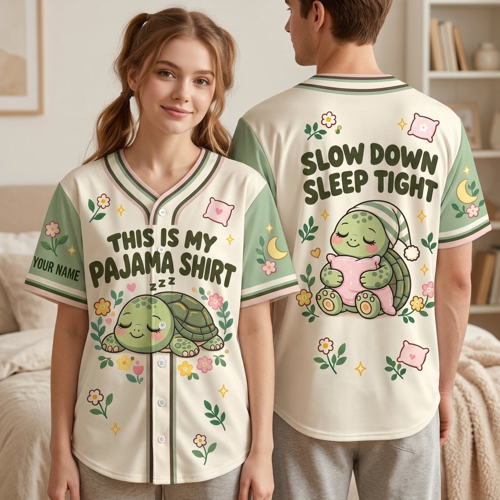 Custom Sleeping Turtle This is My Pajama Baseball Jersey - Cozy Slow Down Sleep Tight Gift - mockup 1