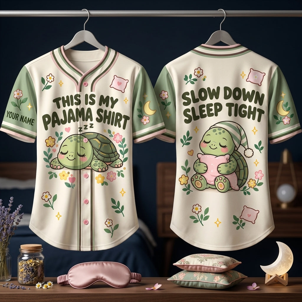 Custom Sleeping Turtle This is My Pajama Baseball Jersey - Cozy Slow Down Sleep Tight Gift - mockup 3