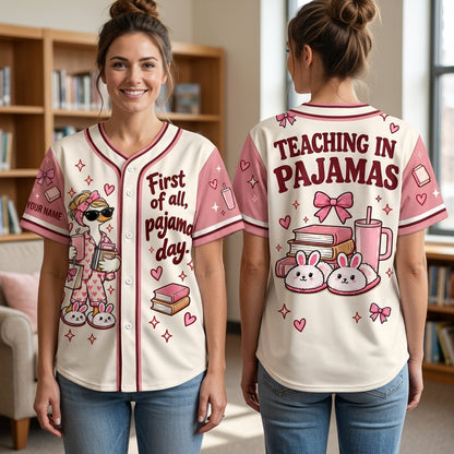 Personalized First of All It's Pajama Day Cute Goose Baseball Jersey for Teachers - mockup 1