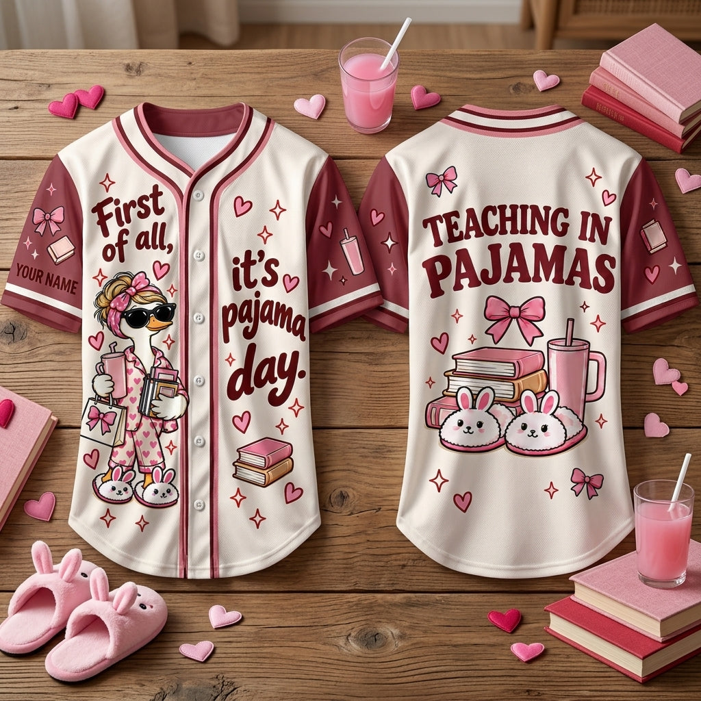 Personalized First of All It's Pajama Day Cute Goose Baseball Jersey for Teachers - mockup 2