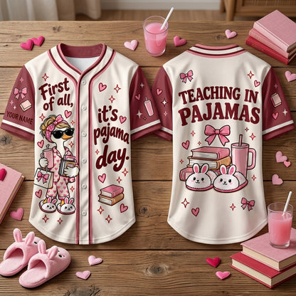Personalized First of All It's Pajama Day Cute Goose Baseball Jersey for Teachers - mockup 2