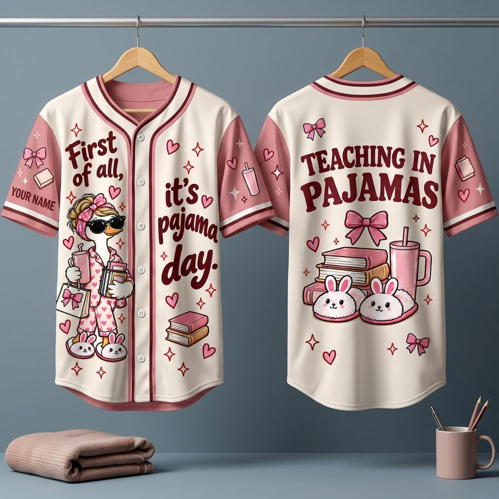 Personalized First of All It's Pajama Day Cute Goose Baseball Jersey for Teachers - mockup 3