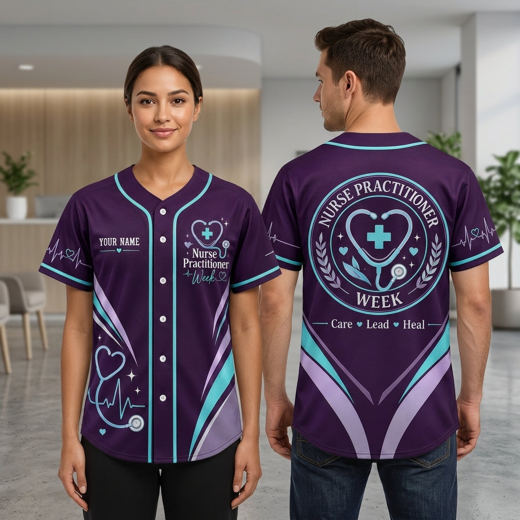 Custom Nurse Practitioner Week Baseball Jersey - Purple Care Lead Heal Shirt - mockup 1