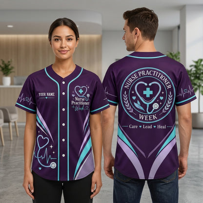 Custom Nurse Practitioner Week Baseball Jersey - Purple Care Lead Heal Shirt - mockup 1